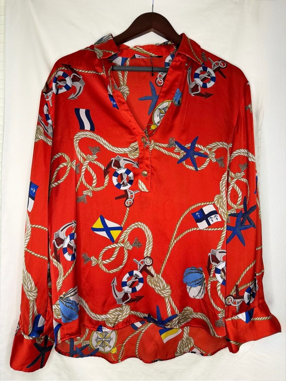 Zara Red Satin Nautical-Print Blouse